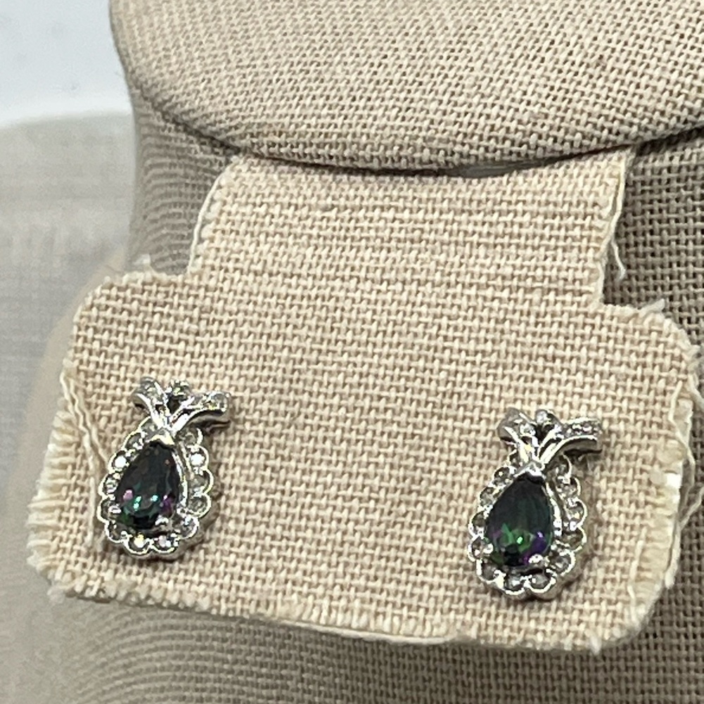 Vintage 10k White Gold Mystic Topaz & Diamond Earrings - Picture 10 of 15